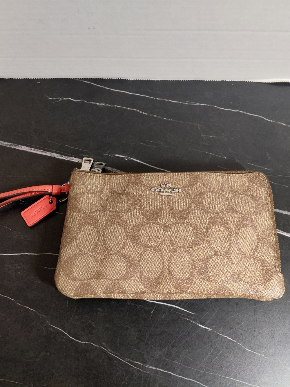 Coach Signature Canvas Wristlet — Brown with Coral Tag